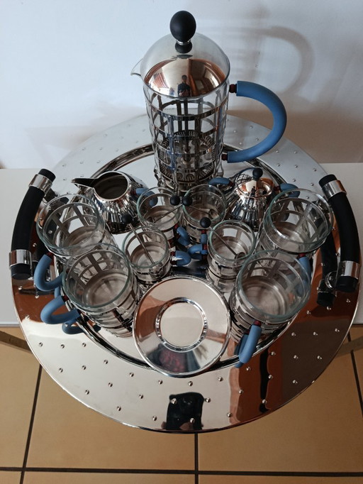 Alessi coffee set, tray and four mugs