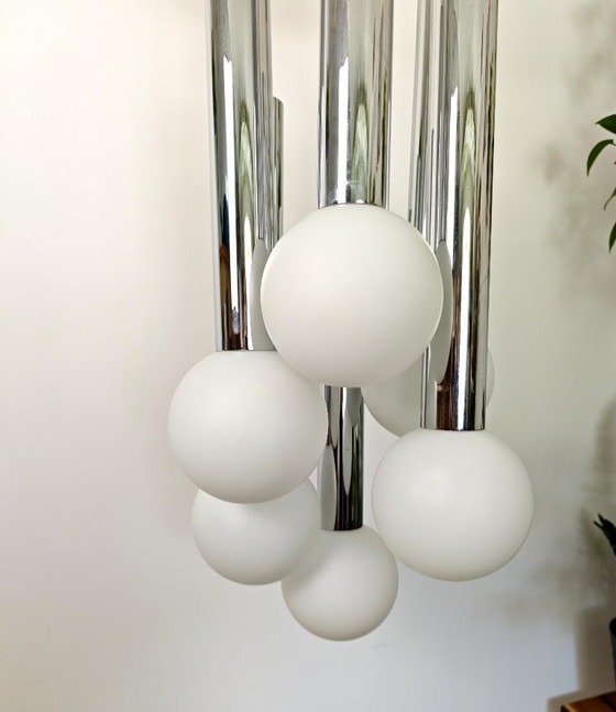 Image 1 of Vintage Sijaj Hrastnik Chandelier / Mid Century Modern Chrome & Glass Globe Pendant Lamp / Space Age Ceiling Light / Yugoslavian