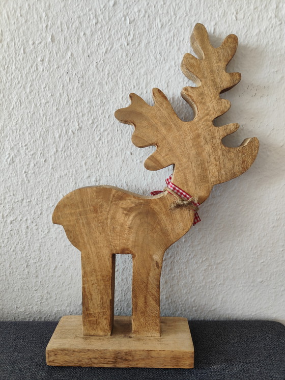 Image 1 of 🌲 Cute wooden moose figurine – 40 cm – natural – with bow & star 🌟