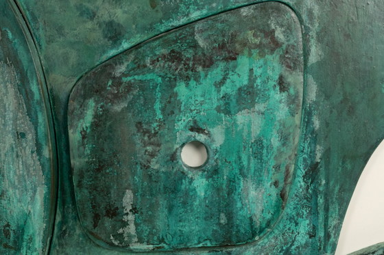 Image 1 of Bas-relief sign reading "Think outside the box!" in patinated wood. Contemporary