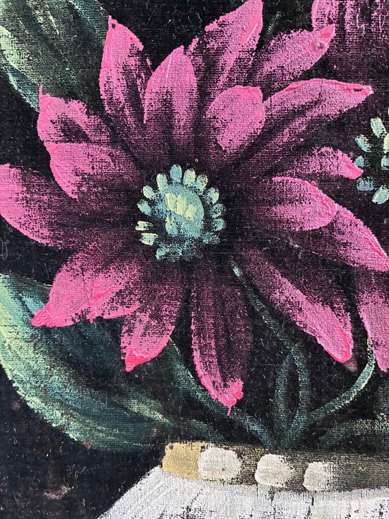 Image 1 of Vintage original velvet flower oil painting, red flower still life art