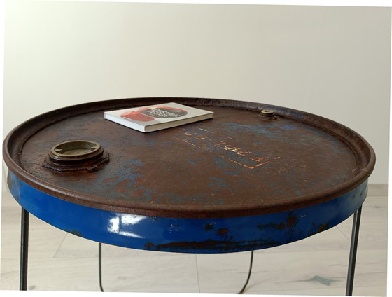 Image 1 of side table made from recycled drum -raw  & graphic design