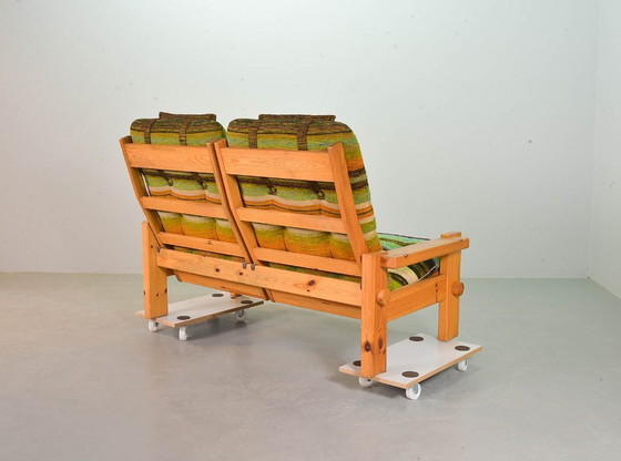 Image 1 of Yngve Ekstrom Mid-Century Scandinavian Design 2-Seat ‘Dymling’ Sofa in Pinewood and Rainbow Fabric for Swedese. Sweden, 1970s.
