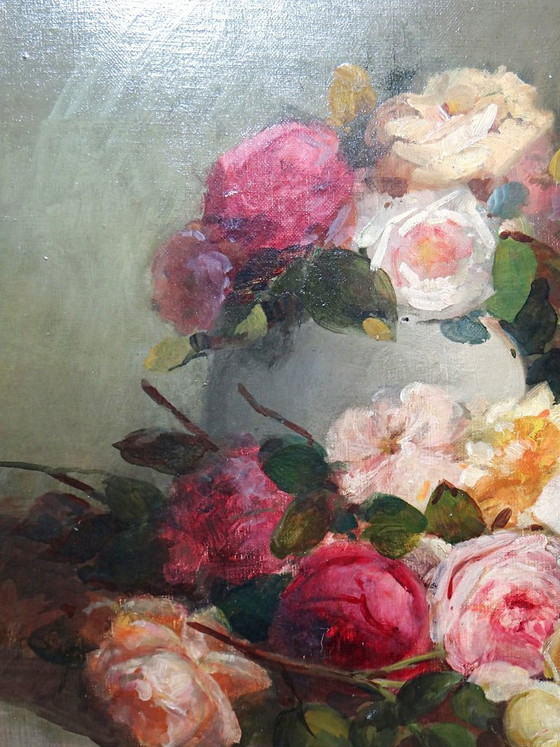 Image 1 of Large antique oil painting on canvas, bouquet of roses, signed, circa 1890-1910