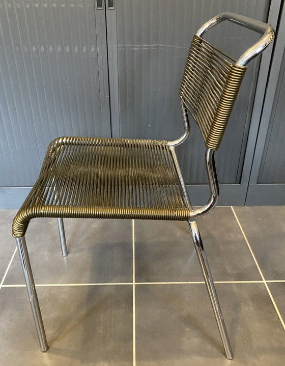 Sedia Scoubidou o Spaghetti Verde Kaki Cromata Vintage 1960 – Sedie da pranzo, Plastica (photo 2 of 20)