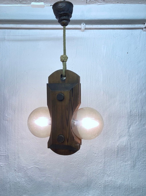 Pendant lamp by Temde, made of wood and glass, two-light, 70s brutalist style