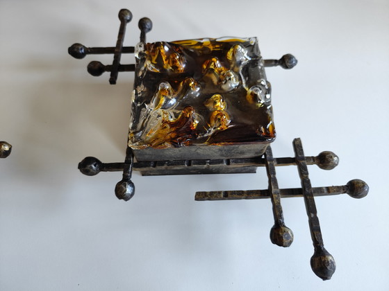 Image 1 of Pair of Brutalist wall lamps – Tom Ahlström & Hans Ehrlich – Murano glass & wrought iron – 1960s