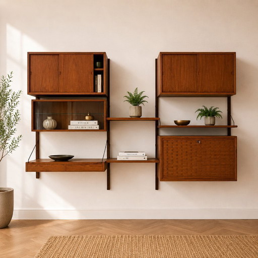 Sistema original Poul Cadovius Royal en teca: un raro sistema modular de pared danés moderno, Dinamarca, década de 1960.