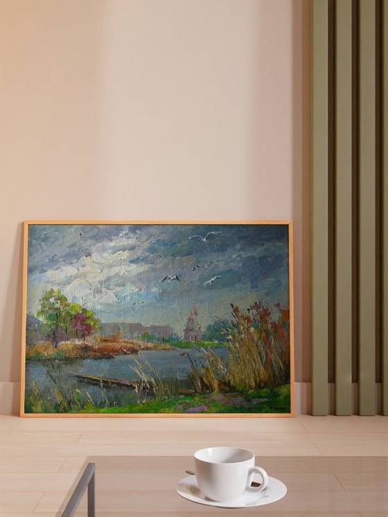 Origineel olieverfschilderij Herfstlandschap Stadsrand Meeuwen boven de rivier. Droge Kagamlyk (photo 3 of 8)