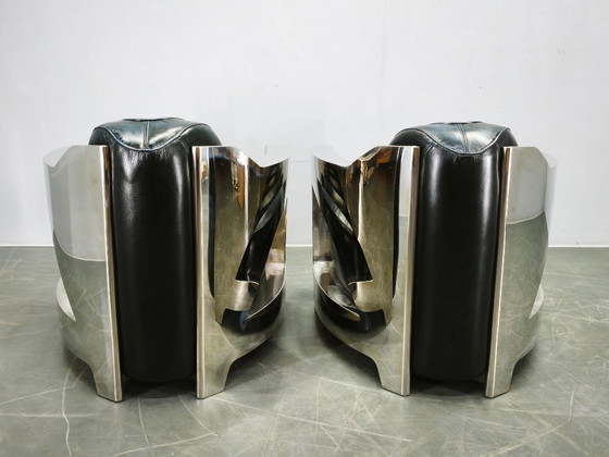 Pair of Timothy Oulton Aviator Leather and Steel Armchairs 1990s (photo 7 of 12)