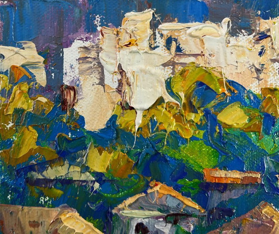 Image 1 of Original Oil Painting Summer City Landscape Sunlight gently pours through houses