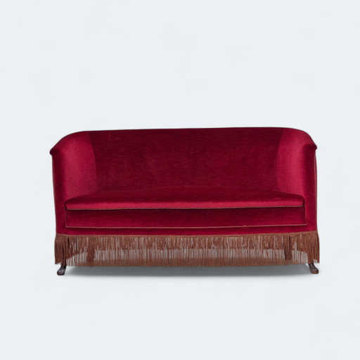 1960s Danish 2-Seater Sofa, Red Furniture Velour, Ash Wood Legs