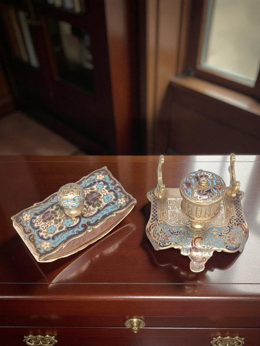 19th-century cloisonné enamel inkwell and office stamp