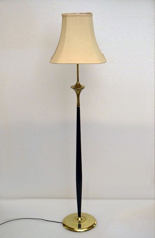 Vloerlamp van mahoniehout en messing, jaren 1950