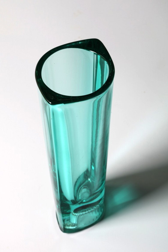 Image 1 of Stylish Turquoise Mid-century Pressed Glass Vintage Vase by Miloš Filip / Rosice / Czech Republic / 1963