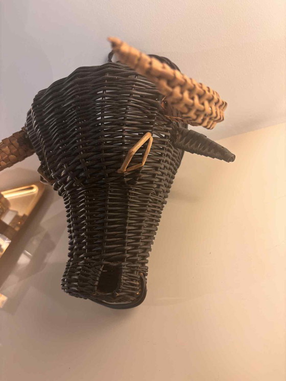Image 1 of Vintage Wicker Bull’s Head Sculpture Wall art Wicker Collector 1950s France Picasso collection black toro