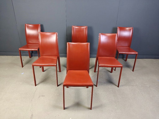 Red leather italian dining chairs, 1980s - set of 6 