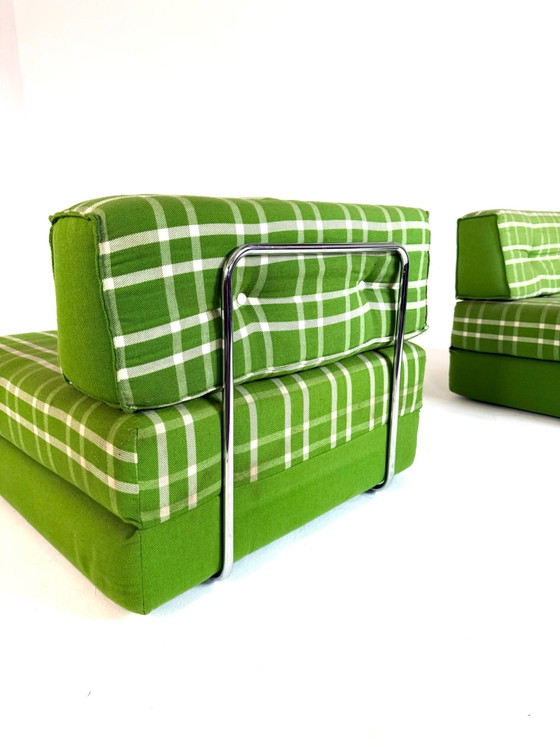 Set of 2 vintage convertible armchairs, Germany '80s, Chrome, Textile, Green (photo 8 of 14)