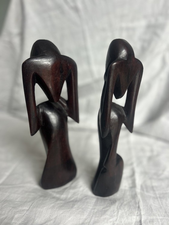 Image 1 of Houten beeld koppel seventies 70 de denker abstract