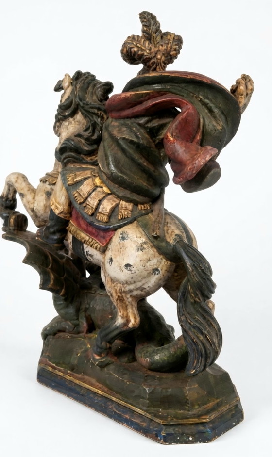 Antike Holzskulptur Hl. Georg zu Pferd – Gröden/Tirol – Demetz-Umfeld – um 1900 – Bildhauerei, Wood (photo 6 of 10)
