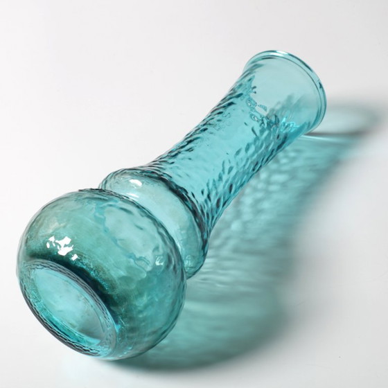 Image 1 of Turquoise Stylish Glass Flower Vase / Bibi Teal Hammered Textured Glass Vase / Italy / 1980s