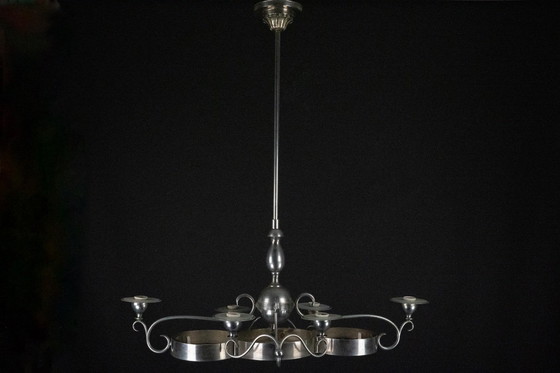 Image 1 of Araña Art Decó italiana de latón niquelado y cristal esmerilado, años 30