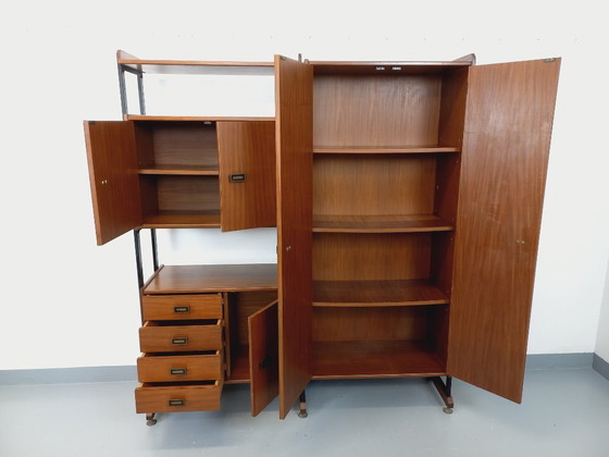 Image 1 of Vintage Italian teak and metal double modular bookshelf from the 60s