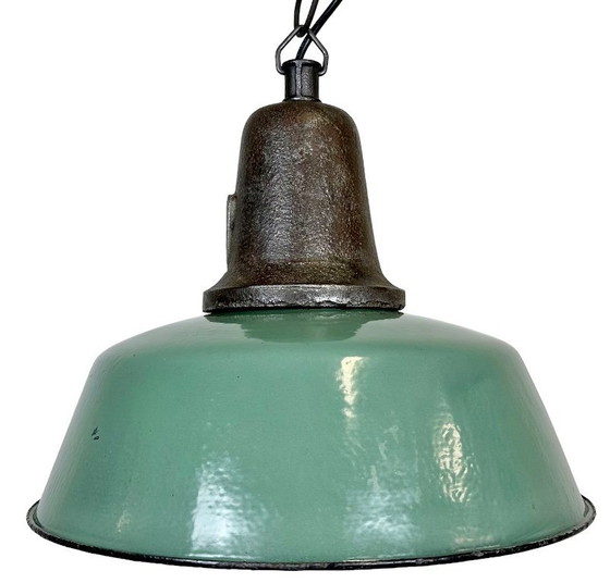 Image 1 of Industrial Green Enamel Factory Lamp with Cast Iron Top, 1960s