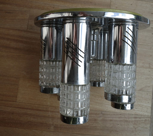 Rara lampada da soffitto di design vintage - Cromo e vetro - 6 luci (anni '60/70)