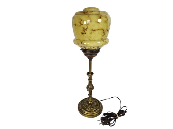 Image 1 of Art Deco stijl - gemarmerd glas - verguld - tafellamp - 3e kwart 20e eeuw 