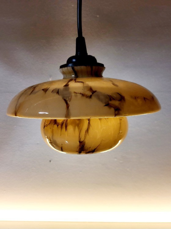 Image 1 of Uran- oder annagrüne Glaspendelleuchte, seltenes Modell, Scailmont, Art déco