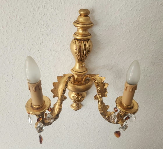 Hand-carved antique Florentine wall hanging with crystal pendants, gilded

with gold leaf, Baroque Rococo, (photo 9 of 15)