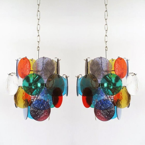 Image 1 of Pair of vintage Vistosi Murano glass chandeliers with 4 multicoloured lights, Italy 1980