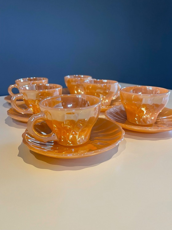 Image 1 of Set di tazze da tè e piattini vintage Fire-King con smalto color pesca