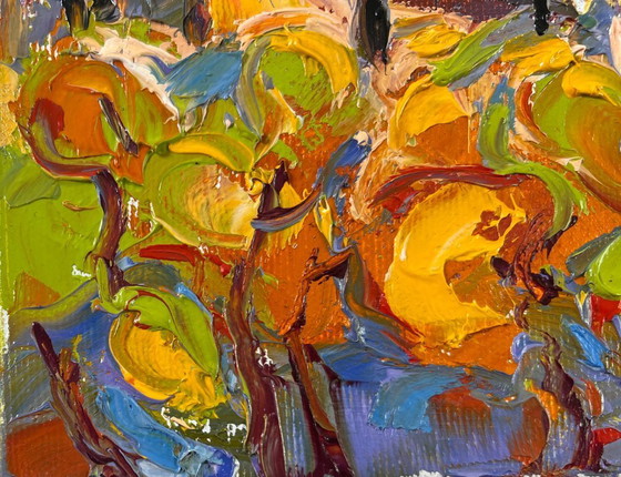 Image 1 of Original Oil Painting Sunset Village Landscape Autumn yellow sunset