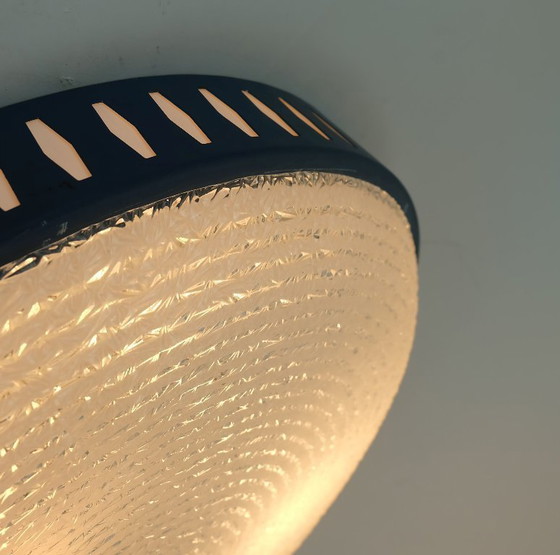 Image 1 of rare large mid century modern CEILING LIGHT by hillebrand 1960s flush mount textured glass blue metal frame