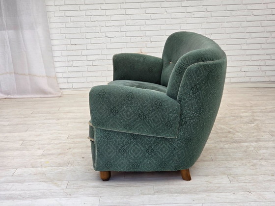 Image 1 of 1960s, Danish 3-seater curved sofa, light green furniture fabric, original condition.