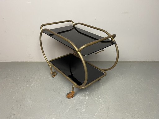 Elegante carrello bar in ottone e vetro nero di metà secolo, prodotto da Grünstadt, Germania, anni '50. Rif.: TT2000