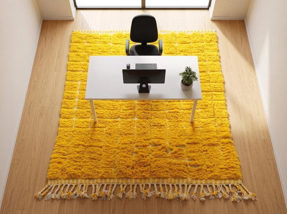 Image 1 of Handgeknüpfter marokkanischer Teppich, gelbe und ecrufarbene Wolle mit geometrischen Mustern, 200 cm x 300 cm