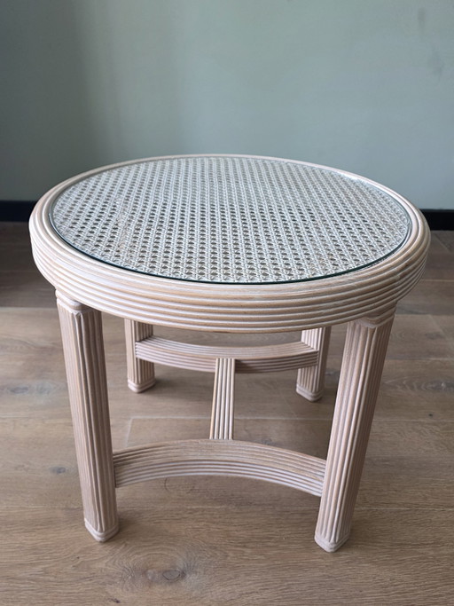 Vintage Hollywood Regency Bijzettafel | Houten Constructie | Webbing & Glas | Jaren '70/'80