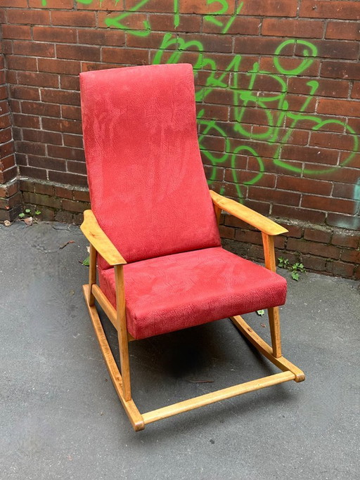 Vintage Schaukelstuhl | Buche & rotes Nubukleder – schommelstoelen, Wood, Leather