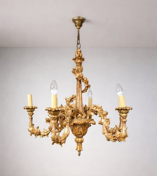 Lustre à cinq bras en bois doré, Europe centrale, début du XXe siècle