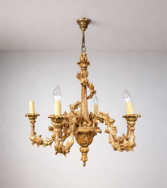 Image 1 of Lustre à cinq bras en bois doré, Europe centrale, début du XXe siècle
