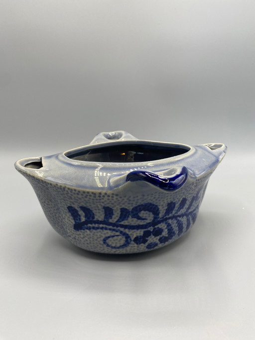 Gevlekte blauwgrijze geglazuurde keramische juskom met kobaltblauwe accenten – servies, Ceramic