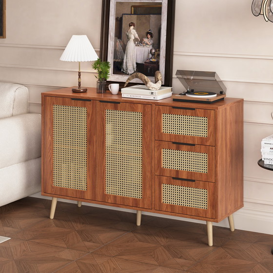 Image 1 of Urban Meuble vintage dressoir van rotan in walnoot houtlook met 2 deuren en 3 lades met zwarte handgrepen 120*38*78cm CRI
