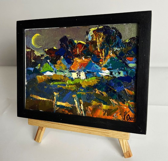 Image 1 of Dipinto ad olio originale Paesaggio rurale notturno La luna illumina il villaggio