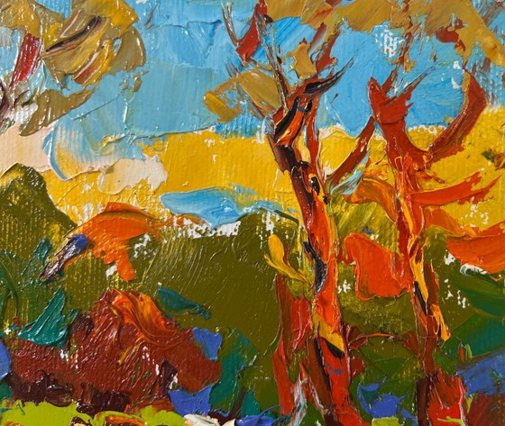 Image 1 of Original Oil Painting Colorful Trees Landscape Summer evening in the forest