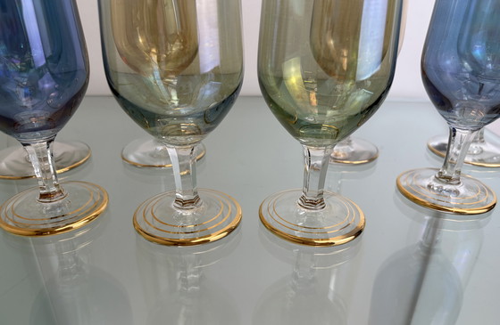 Image 1 of 8 x Vintage iridescent wine glasses or water glasses rainbow glass