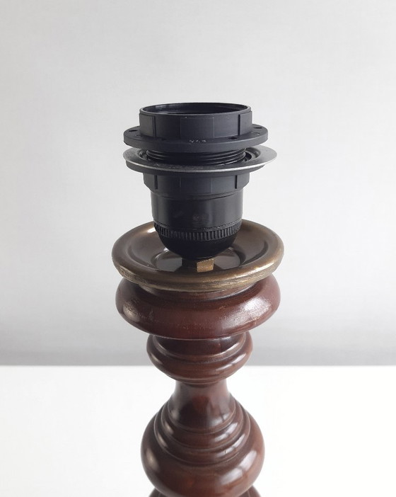 Image 1 of Turned wooden vintage lamp base with handmade lampshade of African wax fabric