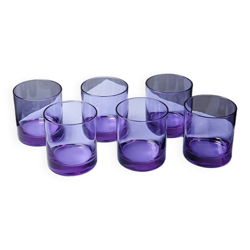 6 amethist kristallen whisky/cocktail glazen, Mid Century design uit de jaren 60-70.